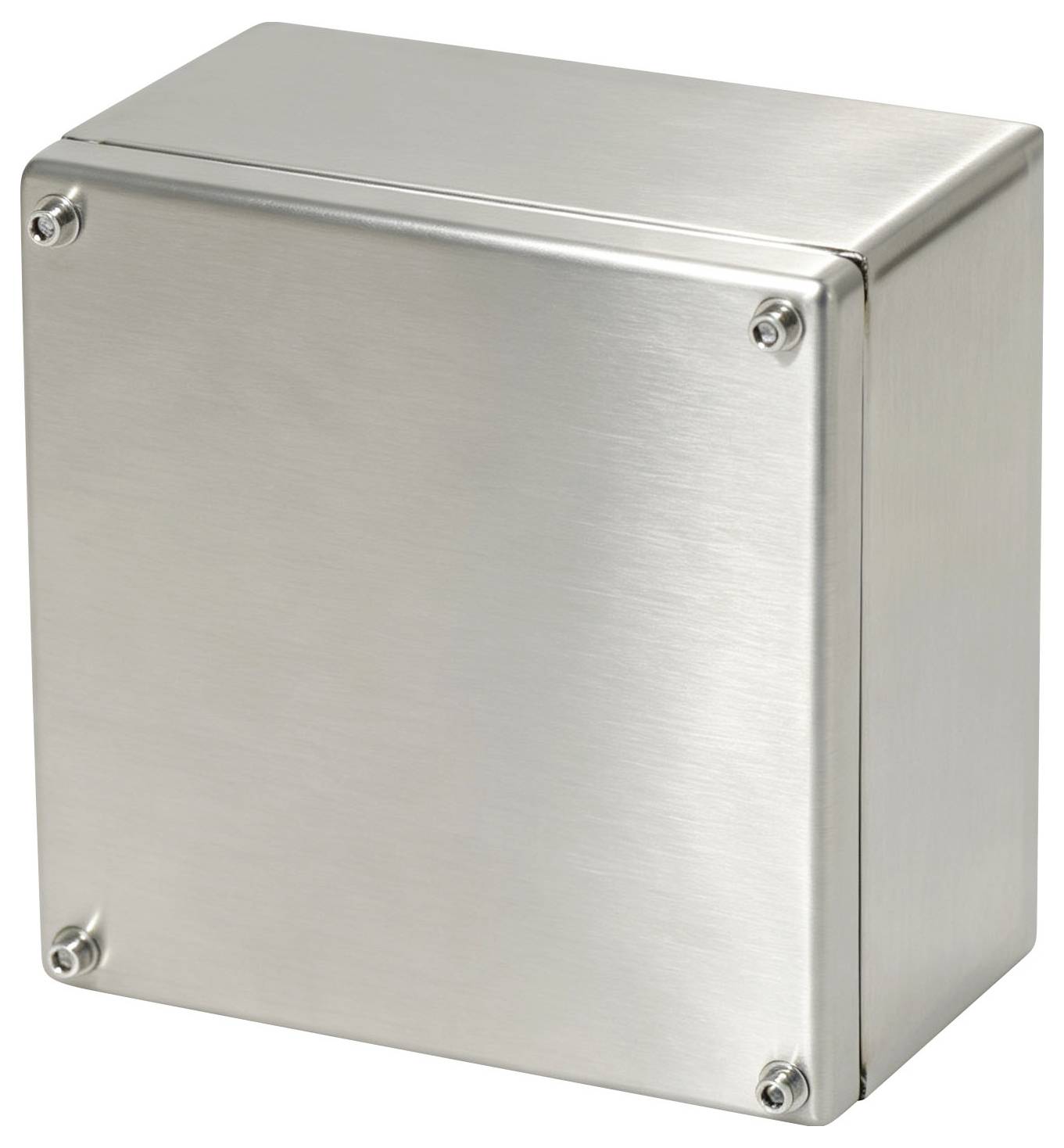 Boîtier de protection électrique en acier inoxydable avec un panneau avant lisse et quatre vis d'angle sur un fond blanc.