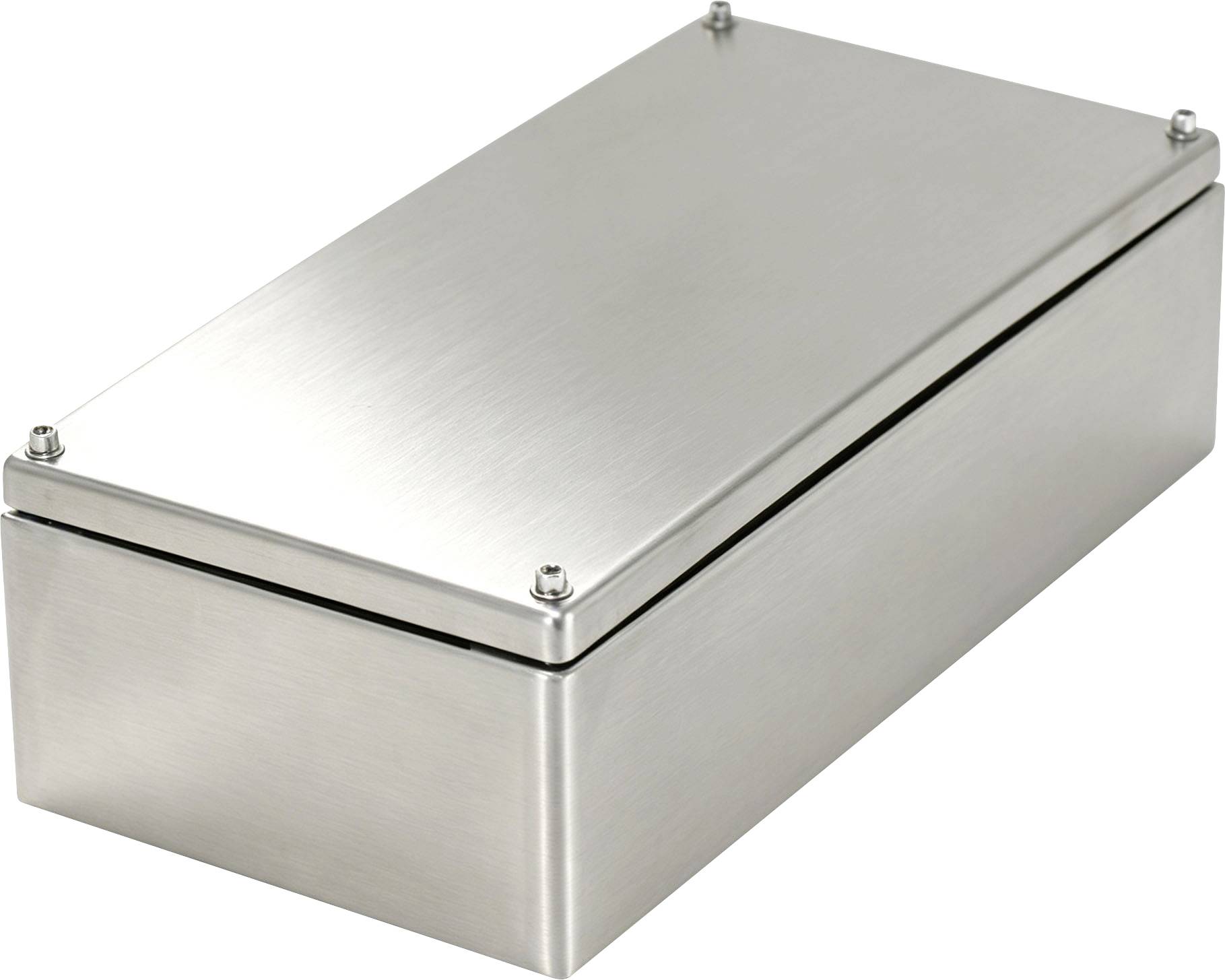 Boîtier rectangulaire en acier inoxydable brossé avec un couvercle ajusté et des vis d'angle, présenté sur un fond blanc.