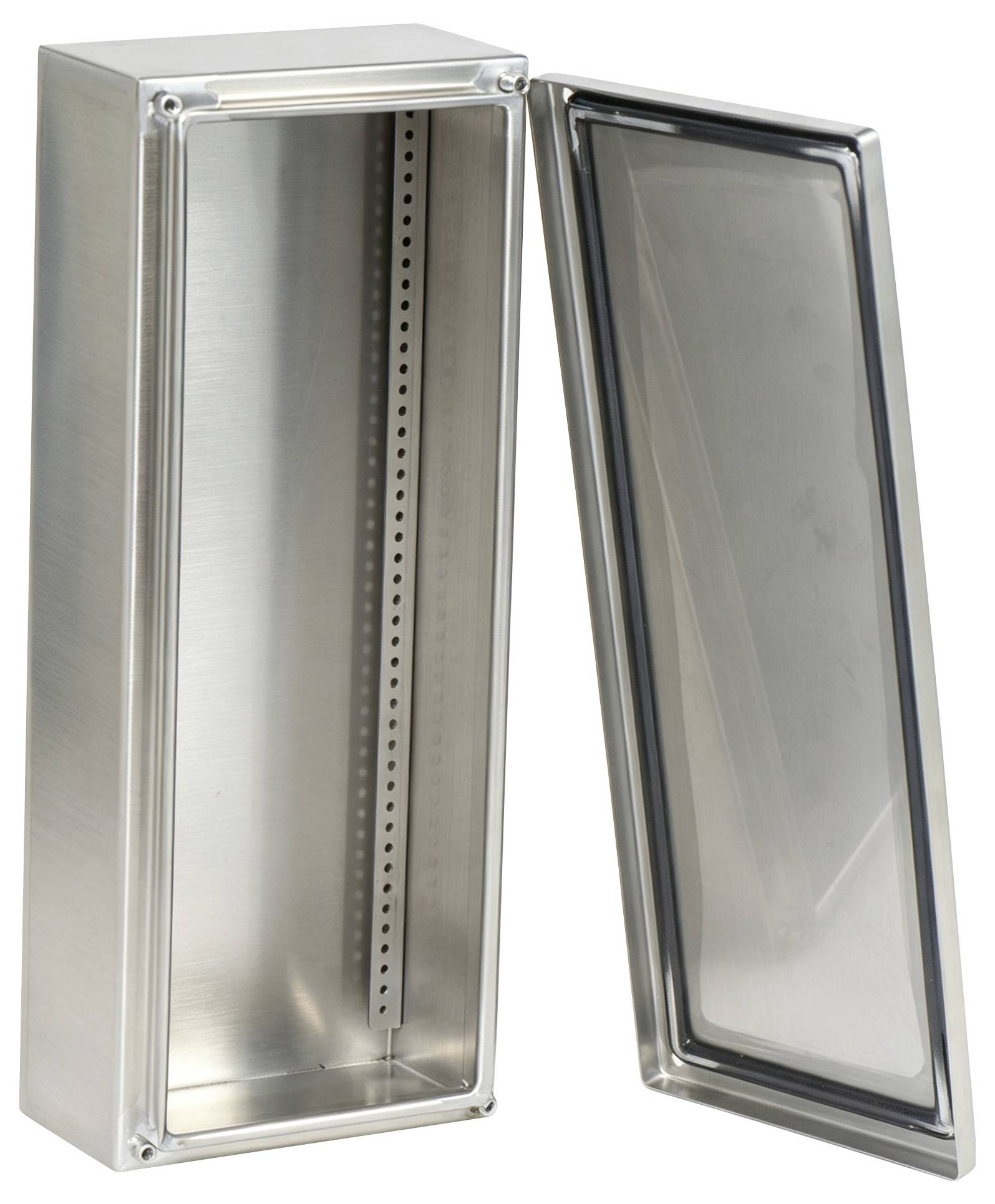 Armoire murale en acier inoxydable ouvert avec une porte vitrée à charnières, montrant l'intérieur vide et une bande de fixation centrale perforée.