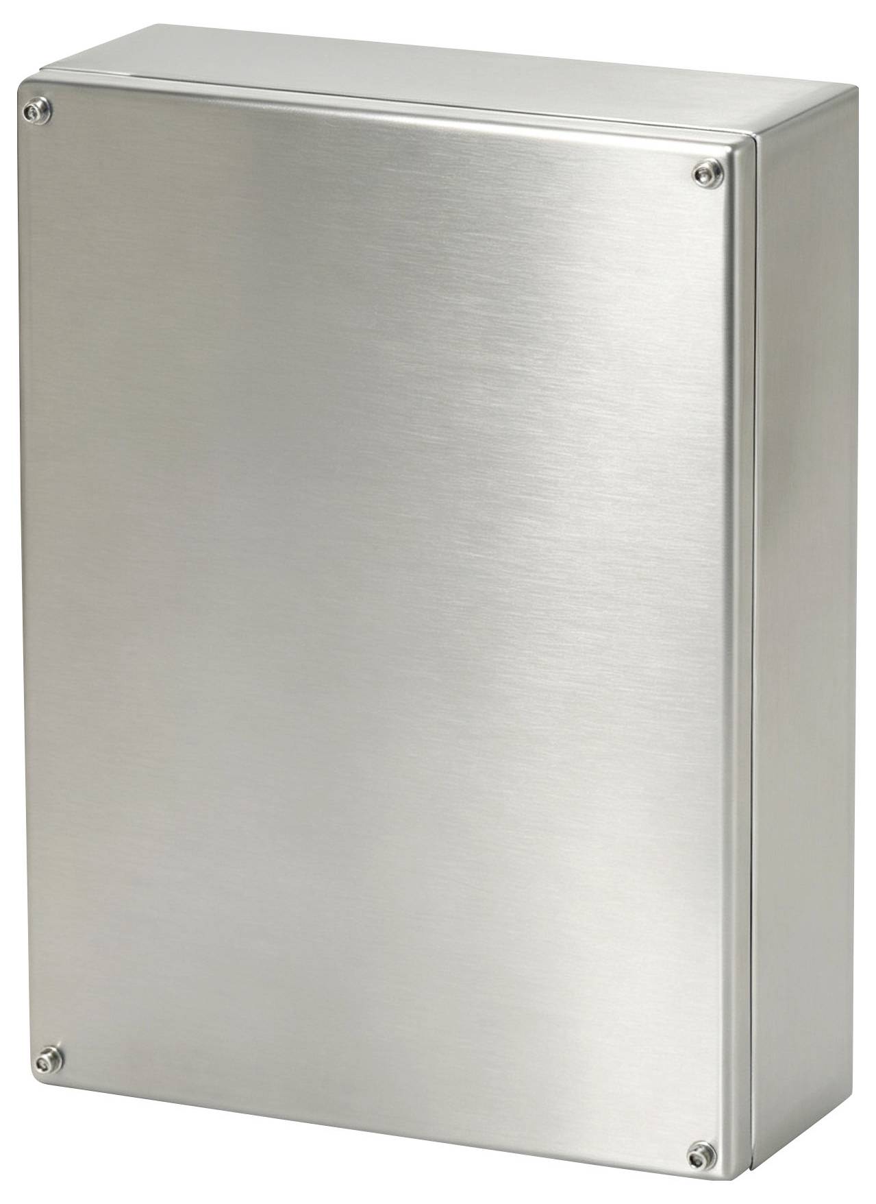 Boîtier d'armoire électrique en acier inoxydable avec un panneau frontal lisse et des vis d'angle, présenté sur un fond blanc.