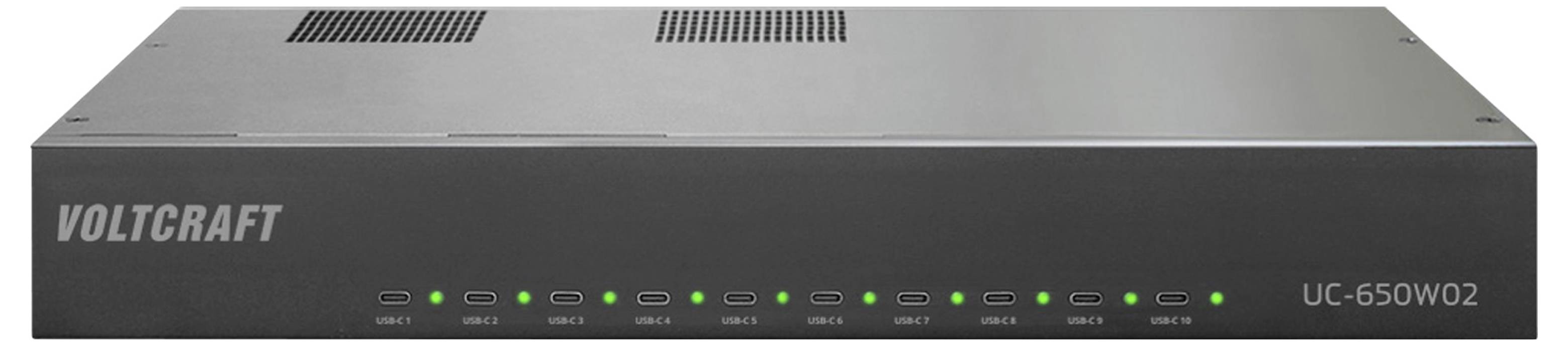 Vue de face d'un dispositif électronique VOLTCRAFT UC-650W02, une unité rectangulaire noire avec des LED d'état et des fentes de ventilation sur le dessus.