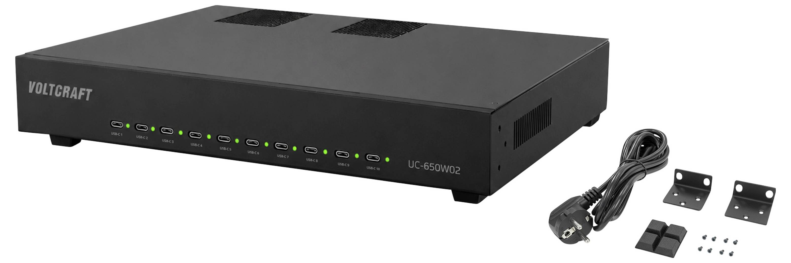 Voltcraft UC-650W01 ? appareil électronique noir présenté avec câble d'alimentation, supports muraux et vis de montage, probablement un chargeur ou une alimentation électrique.