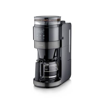 Cafetière à goutte automatique noire avec carafe en verre et panneau de commande numérique, présentée sur fond blanc.