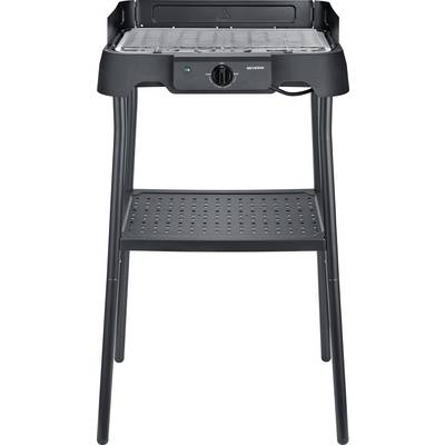 Grill de table électrique noir avec couvercle, bouton de température et quatre pieds longs sur une étagère inférieure perforée, présenté sur un fond blanc