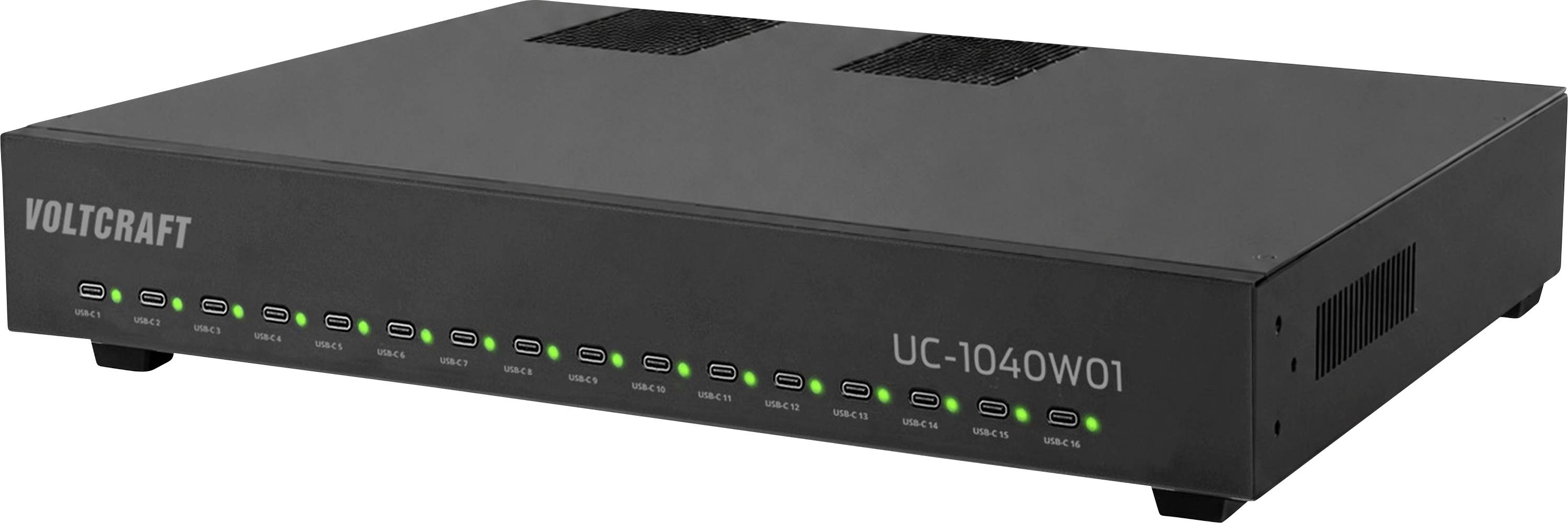 Appareil Voltcraft UC-1040W01 de montage en rack noir avec une rangée de voyants LED verts d'état et des indicateurs de panneau avant.
