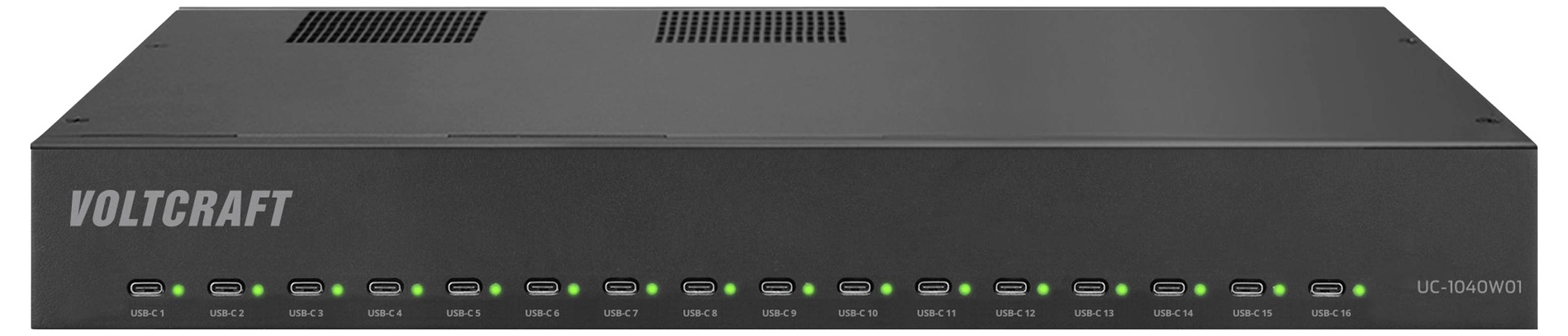 Vue de face d'un chargeur de batterie VOLTCRAFT UC-1000L noir avec dix LED d'état et emplacements de charge connectés sur le panneau avant.