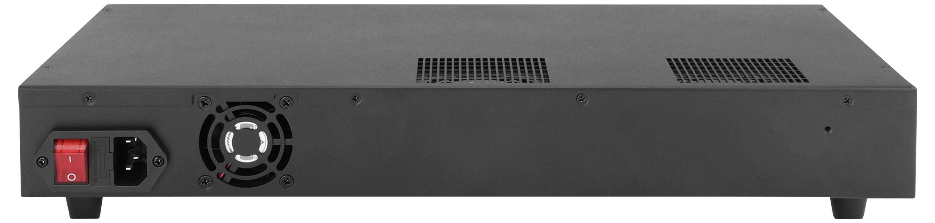 Vue arrière d'une unité électronique de montage en rack noire avec interrupteur d'alimentation, entrée CA et orifice d'aération du ventilateur de refroidissement.