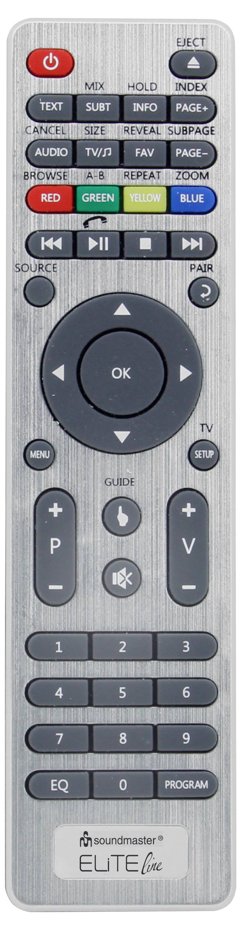 Une télécommande Soundmaster Elite Plus en argent avec des boutons d'alimentation, de lecture, de volume, de canal, de navigation et de numérotation.