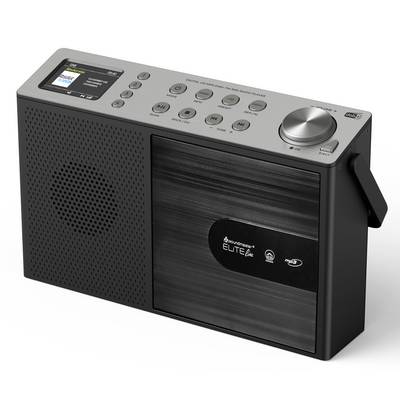 Radio portable noir avec grille de haut-parleur, écran LCD, boutons et grand cadran d'accord sur le dessus.