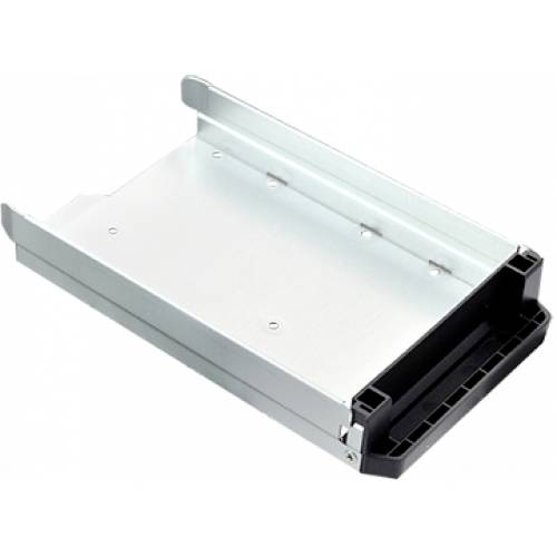 Berceau ou plateau de montage de disque dur informatique en métal avec connecteur frontal en plastique noir, présenté sur fond blanc.
