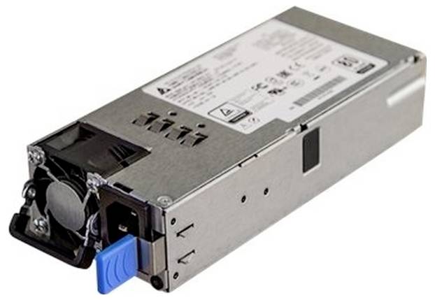 Module d'alimentation électrique pour serveur avec ventilateur de refroidissement et loquet de dégagement bleu, présenté sur un fond blanc.