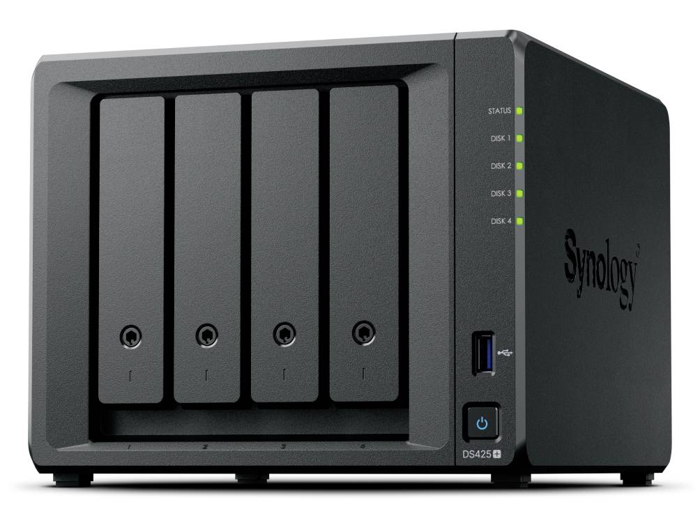 Appareil de stockage NAS Synology DS425+ noir à quatre baies avec voyants d'état frontaux, port USB et bouton d'alimentation.