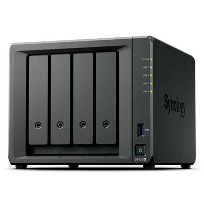 Appareil de stockage NAS Synology DS425+ noir à quatre baies avec voyants d'état frontaux, port USB et bouton d'alimentation.