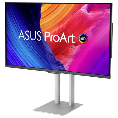 Moniteur informatique ASUS ProArt OLED avec un affichage abstrait coloré sur un socle argenté.