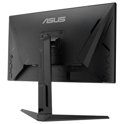 Vue arrière d'un moniteur de jeu ASUS sur un support, montrant la conception arrière angulaire aérée et le support de montage centré.