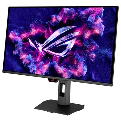 Un moniteur de jeu écran large sur un socle affiche le logo ROG sur un fond abstrait cosmique rose et bleu.