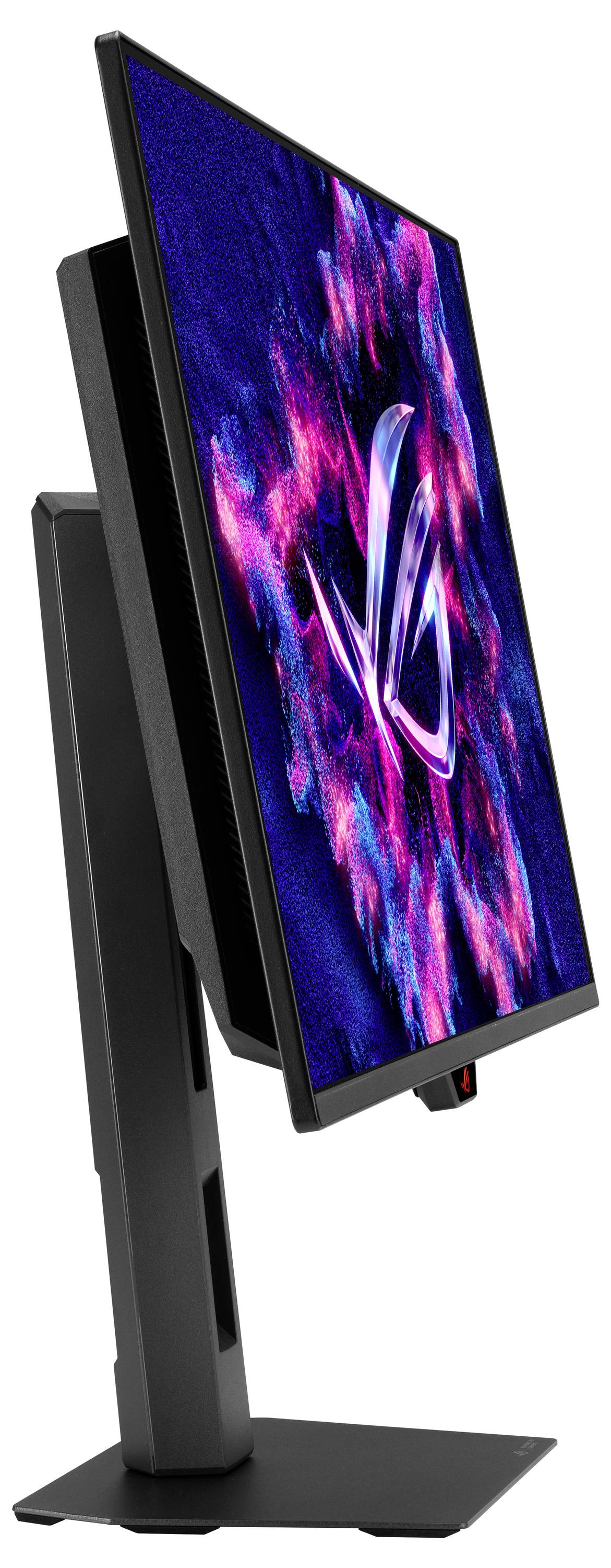 Vue latérale d'un moniteur noir réglable sur un support, affichant un fond d'écran abstrait coloré au design néon.