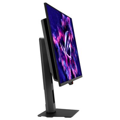 Vue latérale d'un moniteur noir réglable sur un support, affichant un fond d'écran abstrait coloré au design néon.