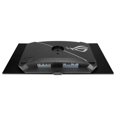 Vue arrière d'un moniteur de jeu ASUS ROG noir avec un support de webcam centré, un pied incliné, des fentes de ventilation et des ports arrière visibles.