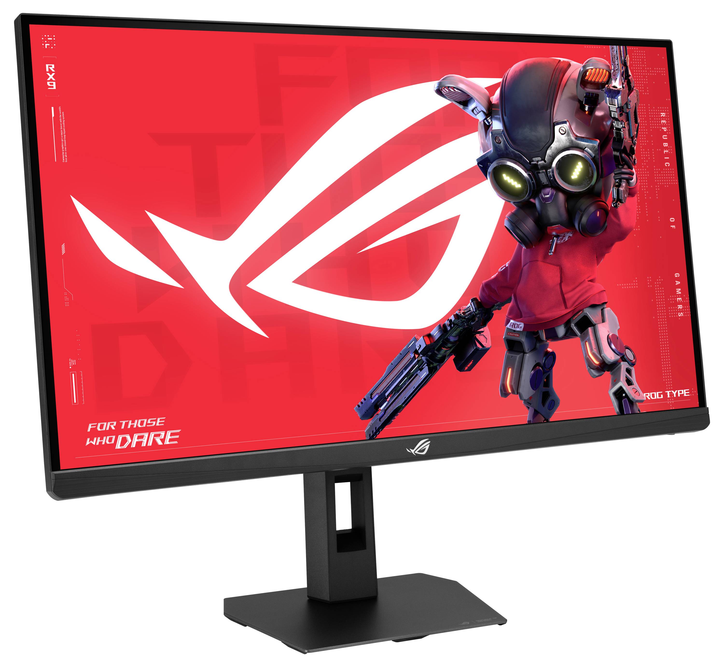 Moniteur de jeu ASUS ROG affichant un écran rouge Republic of Gamers avec un personnage futuriste et le slogan « FOR THOSE WHO DARE ».