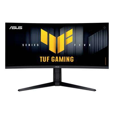 Moniteur ASUS TUF Gaming Series Five incurvé sur un support, affichant le logo de la marque et l'emblème TUF jaune sur un écran noir.