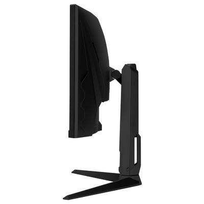 Vue latérale d'un moniteur de jeu noir sur un support, montrant le montage arrière ajustable et la base en forme de V large.