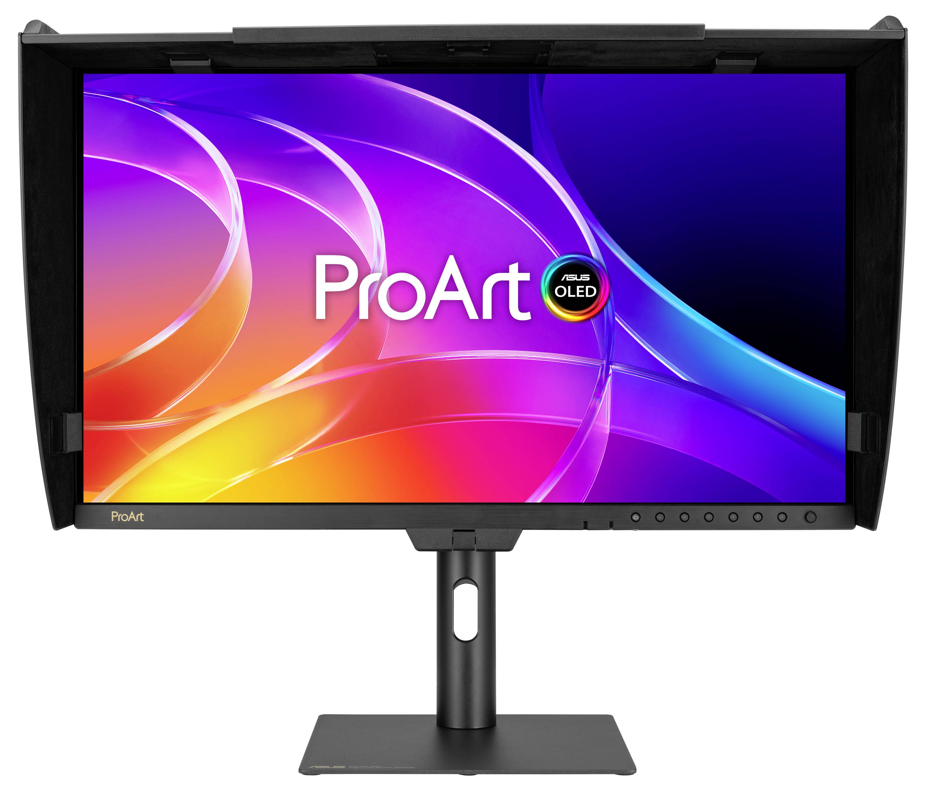 Moniteur ASUS ProArt OLED sur un support, affichant un affichage abstrait coloré avec le logo « ProArt » et l'insigne « OLED ».
