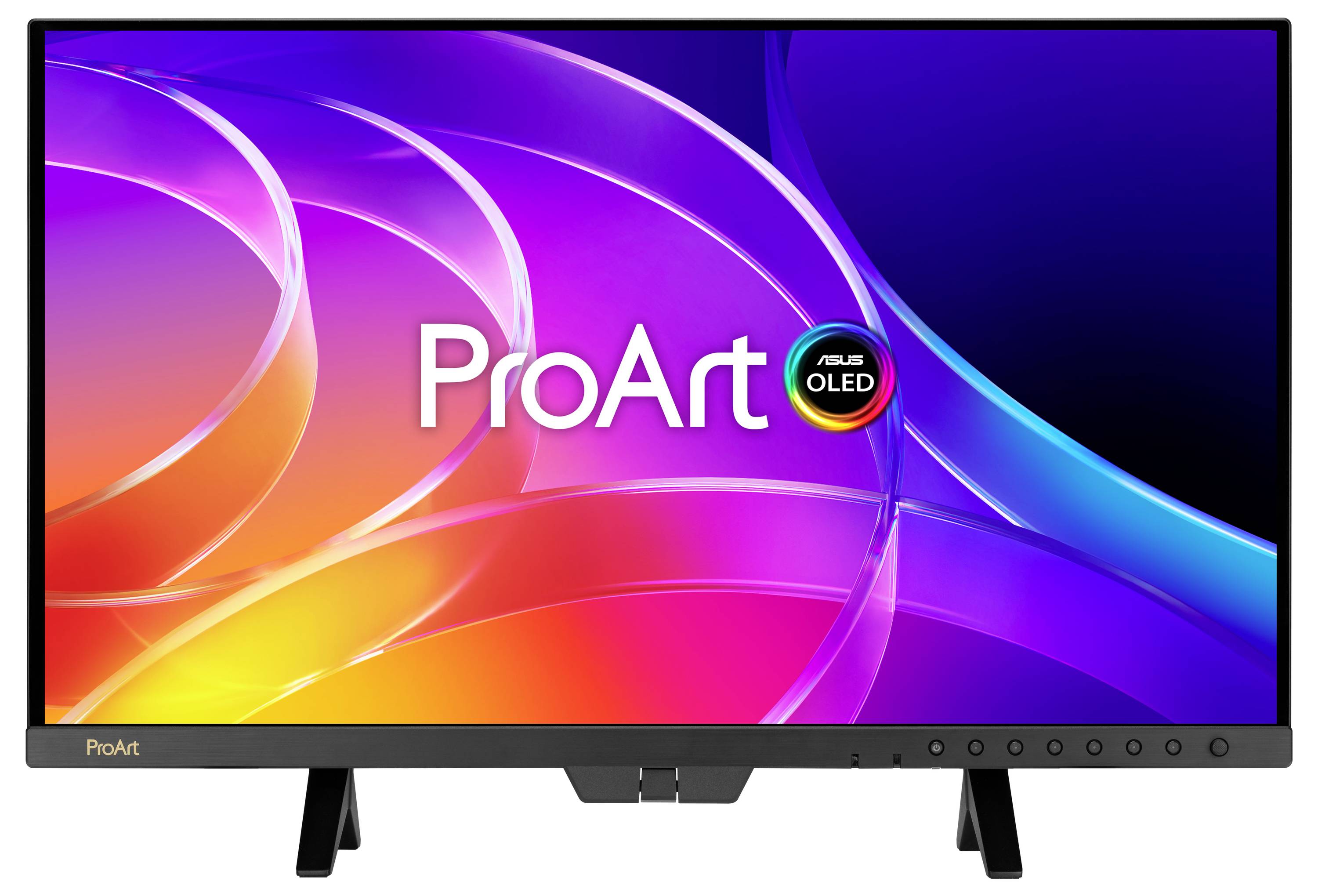 Moniteur ASUS ProArt OLED affiché de face avec un fond d'écran abstrait coloré et le logo ProArt à l'écran.