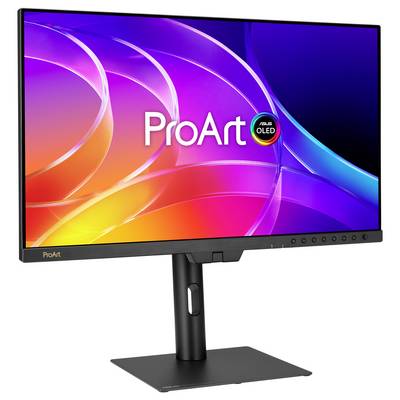 Moniteur de bureau ASUS ProArt OLED avec écran abstrait coloré et socle réglable sur fond blanc.