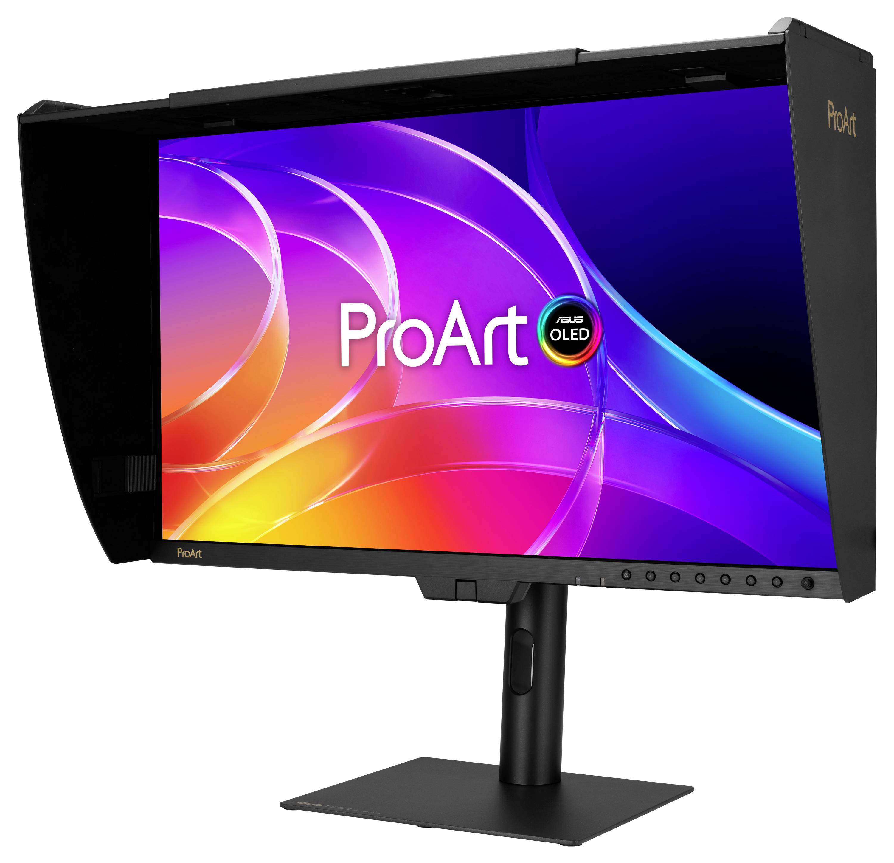 Moniteur ASUS ProArt OLED noir sur pied affichant un écran dégradé abstrait coloré avec la marque « ProArt » et « OLED ».