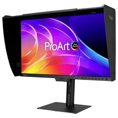 Moniteur ASUS ProArt OLED noir sur pied affichant un écran dégradé abstrait coloré avec la marque « ProArt » et « OLED ».