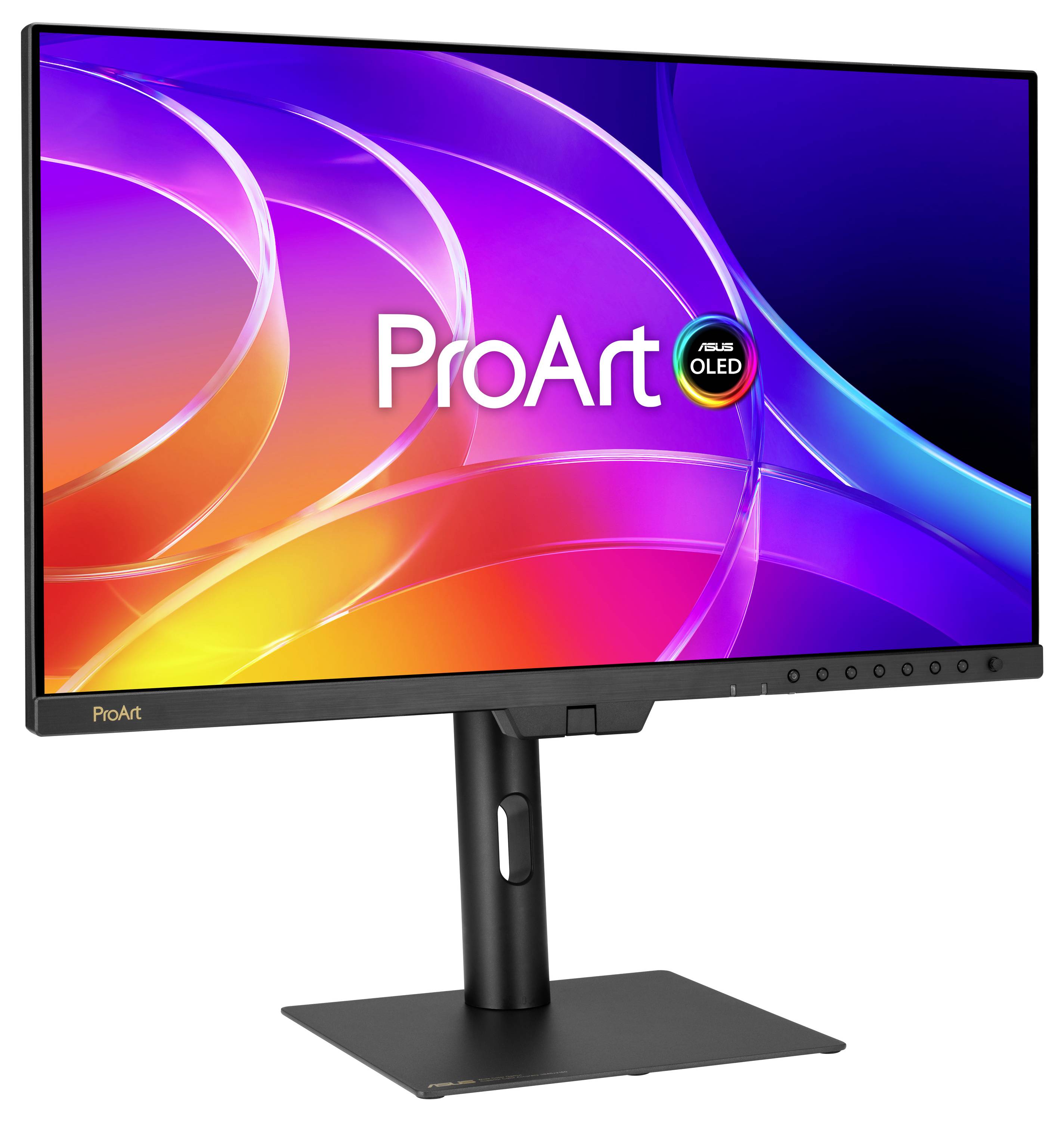 Moniteur ASUS ProArt OLED sur un support, affichant un affichage abstrait coloré avec la marque 'ProArt' à l'écran.