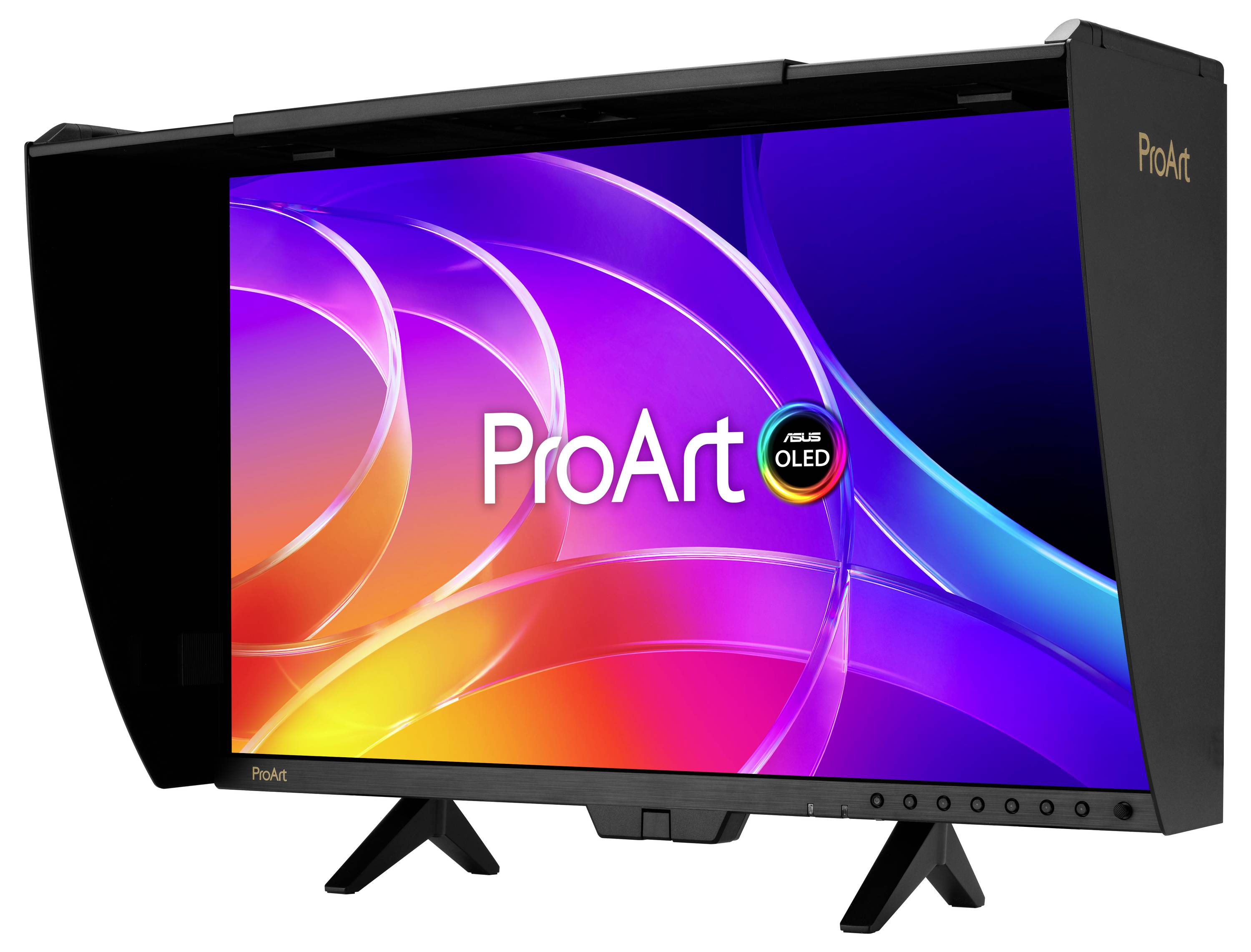 Moniteur ASUS ProArt OLED avec affichage abstrait coloré et vivant, lunette noire et support, présenté dans une vue produit inclinée.