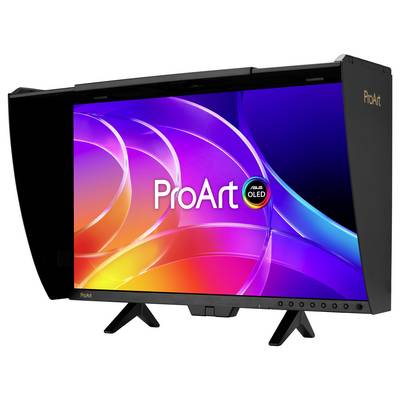 Moniteur ASUS ProArt OLED avec affichage abstrait coloré et vivant, lunette noire et support, présenté dans une vue produit inclinée.