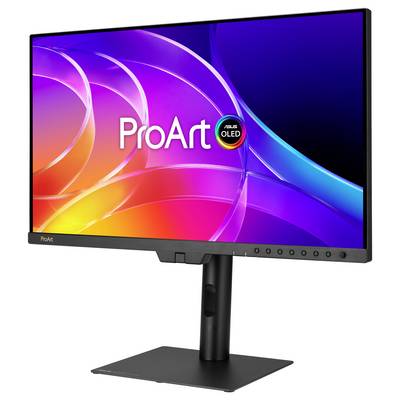 Moniteur ASUS ProArt OLED sur un pied, affichant un écran abstrait coloré avec le logo « ProArt ».
