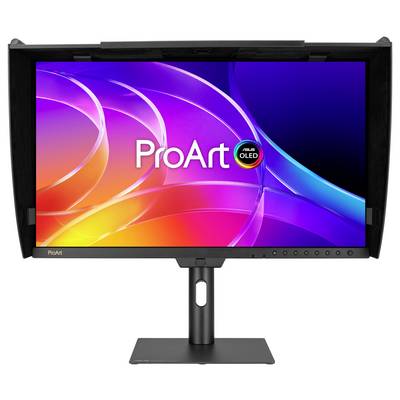 Moniteur ASUS ProArt OLED sur son socle, affichant un écran abstrait coloré avec la marque « ProArt » et « OLED ».