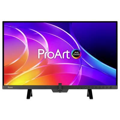 Moniteur ASUS ProArt OLED affichant un dégradé abstrait coloré à l'écran, avec la marque « ProArt » et « OLED » sur l'écran.