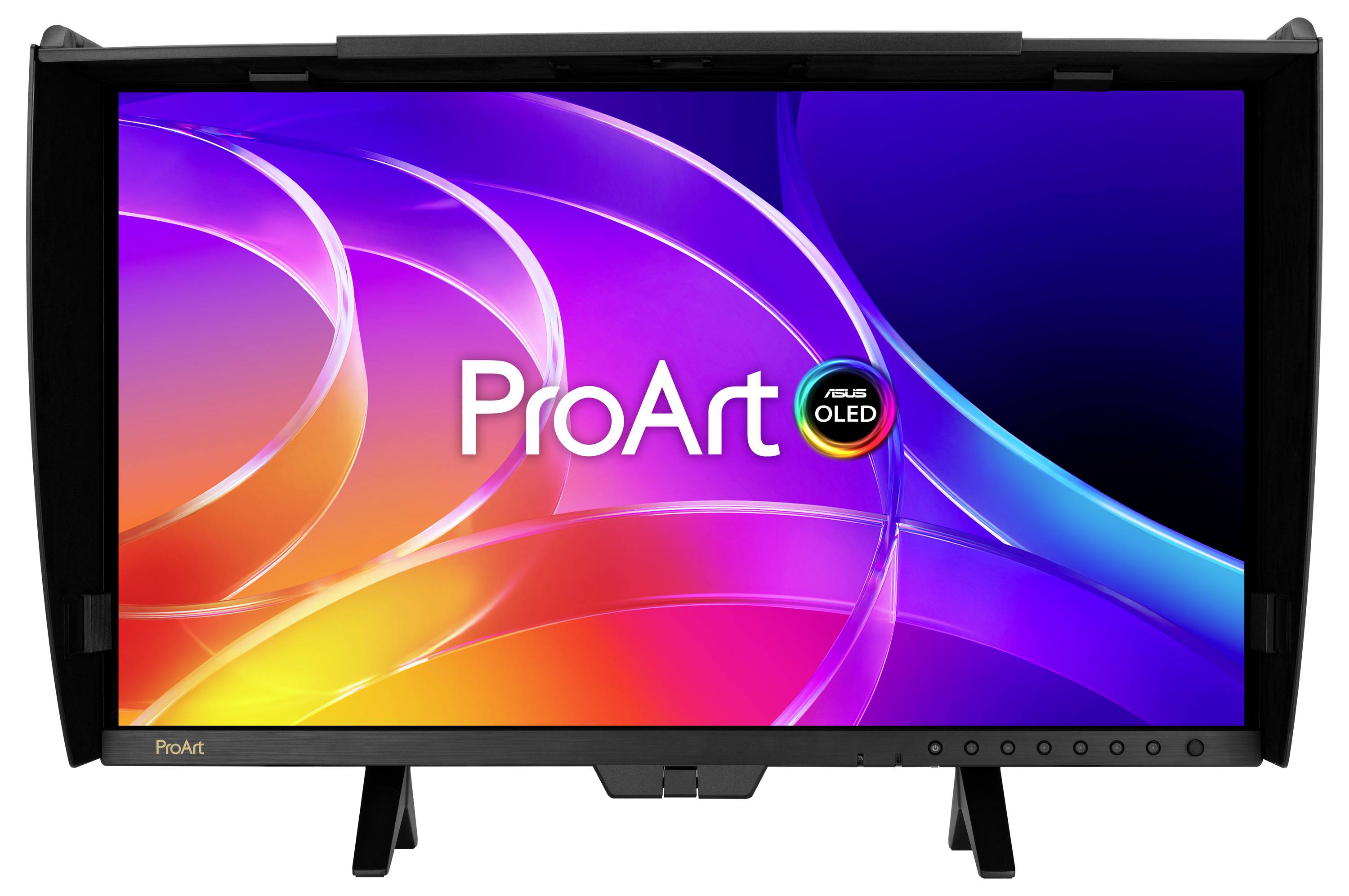 Moniteur ASUS ProArt OLED avec affichage dégradé abstrait coloré et logo, présenté en vue de face sur support.