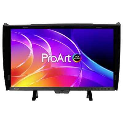 Moniteur ASUS ProArt OLED avec affichage dégradé abstrait coloré et logo, présenté en vue de face sur support.