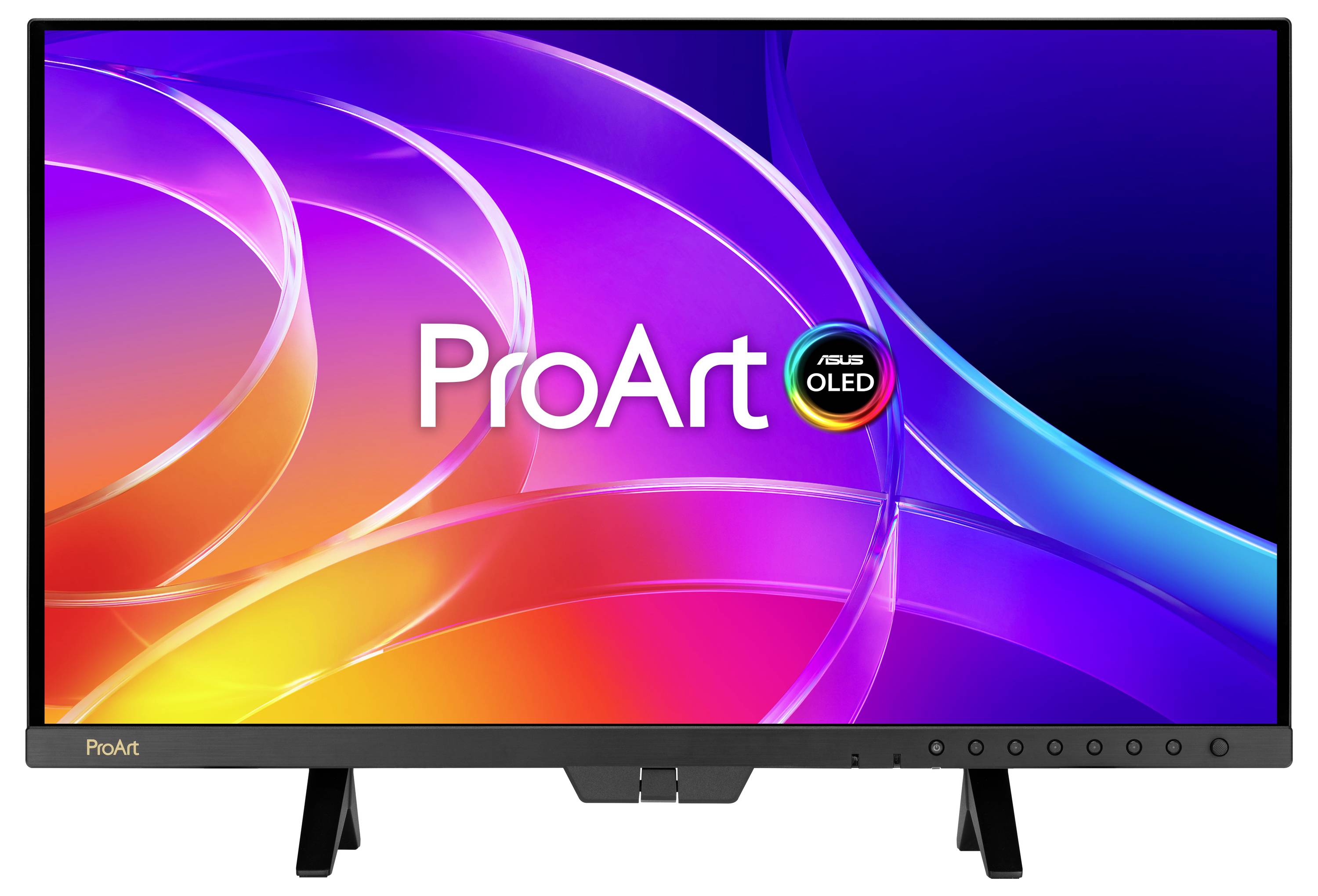 Un moniteur ASUS ProArt OLED affichant un fond d'écran dégradé abstrait coloré, avec le logo ProArt à l'écran et la marque sur le cadre.