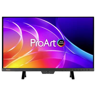 Un moniteur ASUS ProArt OLED affichant un fond d'écran dégradé abstrait coloré, avec le logo ProArt à l'écran et la marque sur le cadre.