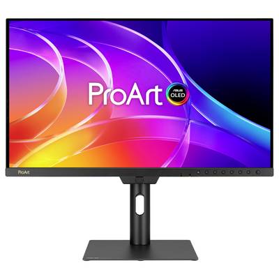 Moniteur ASUS ProArt OLED sur un support, affichant un écran abstrait coloré avec le texte « ProArt ».