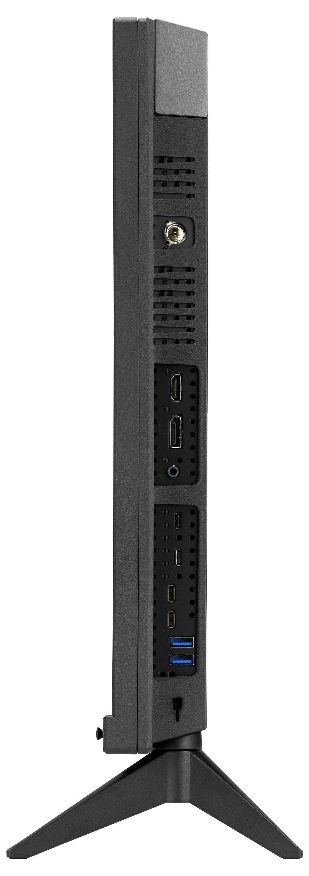 Vue latérale d'un moniteur noir élancé ou mini PC sur support, montrant les ports arrière incluant une prise Ethernet, deux ports HDMI, des ports USB et un bouton d'alimentation.