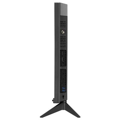 Vue latérale d'un moniteur noir élancé ou mini PC sur support, montrant les ports arrière incluant une prise Ethernet, deux ports HDMI, des ports USB et un bouton d'alimentation.