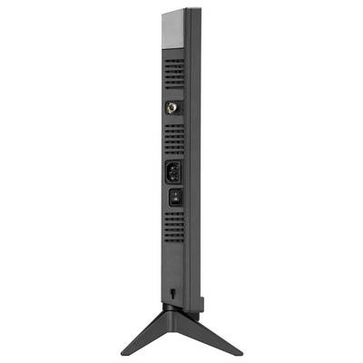 Un support de moniteur noir élancé ou panneau arrière d'écran sur une base trépied, montrant les fentes de ventilation, un connecteur d'alimentation et un interrupteur marche/arrêt.