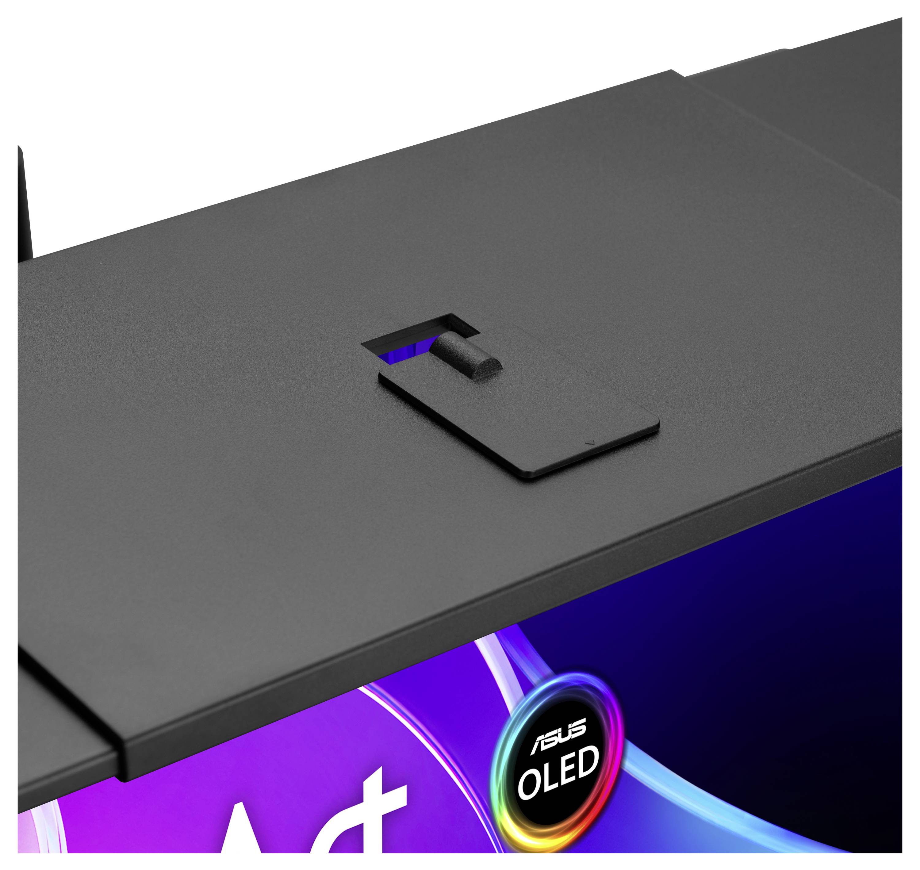 Gros plan d'un moniteur Asus OLED noir vue de l'arrière avec un support/poignée encastré et une marque d'écran partiellement visible en bas.