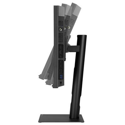Vue latérale d'un moniteur de bureau noir sur un support réglable avec une base rectangulaire, montrant un écran incliné et des ports arrière.