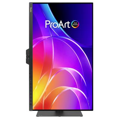 Vue de face d'un moniteur ASUS ProArt OLED affichant un écran de dégradé abstrait coloré, avec le logo ProArt en haut.