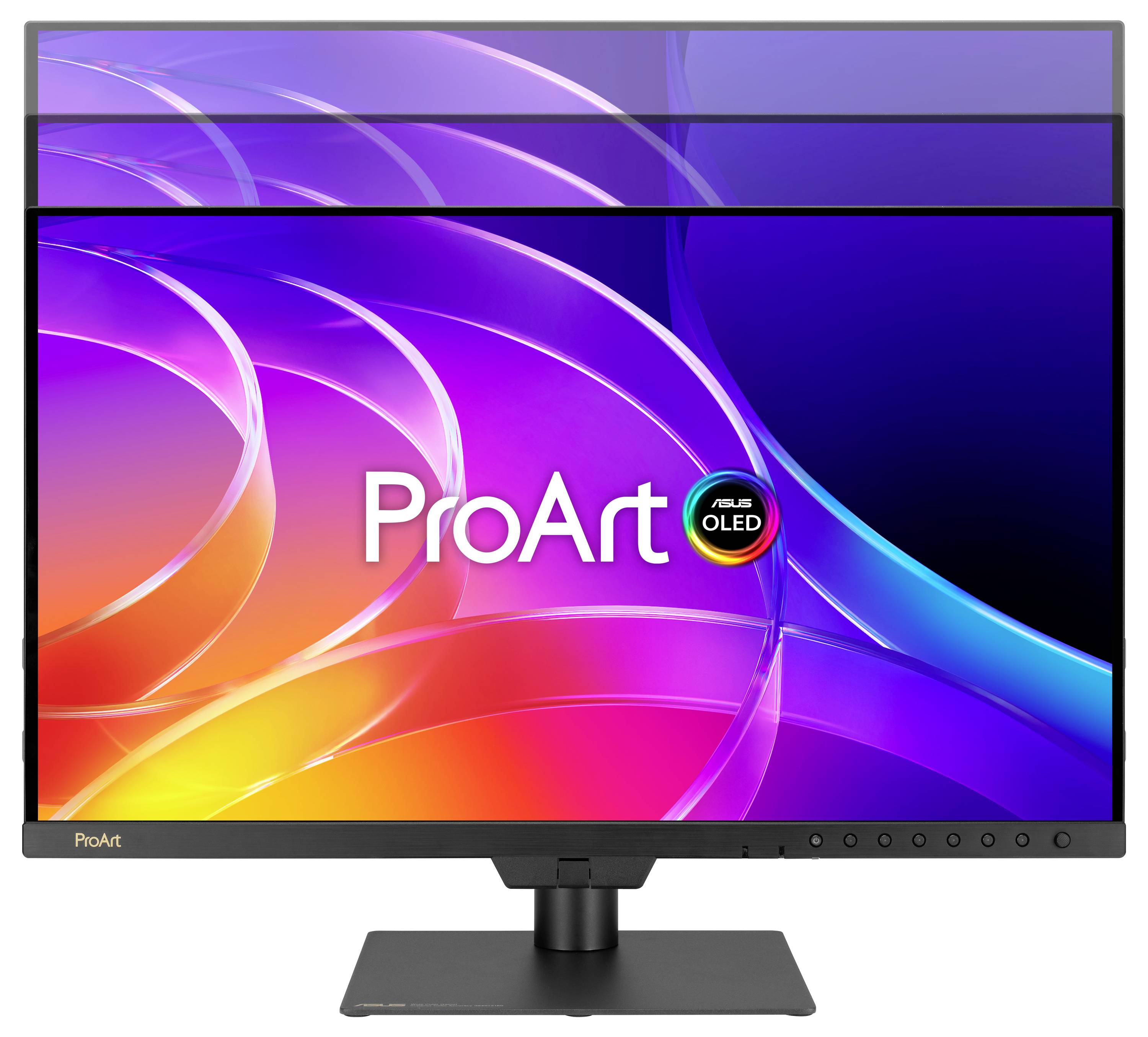 Écran ASUS ProArt OLED avec des tourbillons de couleurs abstraits vibrants et la marque « ProArt » affichée sur l'écran, montré sur un pied.