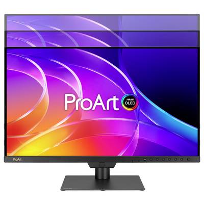 Écran ASUS ProArt OLED avec des tourbillons de couleurs abstraits vibrants et la marque « ProArt » affichée sur l'écran, montré sur un pied.